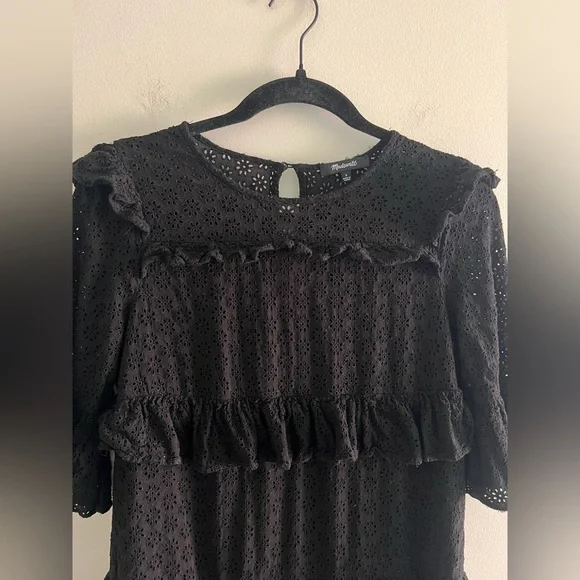 Madewell Black Eyelet Lace Dress Ruffle Tiered Mini Size 0 XXS Boho Cottagecore - Picture 2 of 6